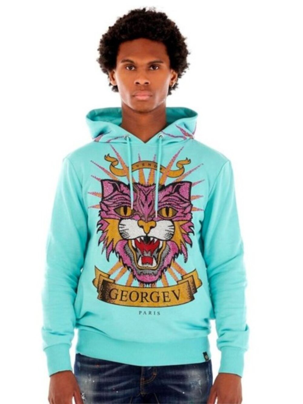 Avenue George V GV Paris Rhinestone Tiger Hoodie Aqua Blue Luxe Sweatshirt L
